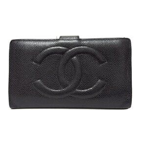 Auth CHANEL - A13498 Black Calfskin Bifold Wallet